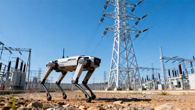 jimeng-2025-12-17-7337-寫實攝影風格，四足機器人在變電站的戶外設備區(qū)巡檢。機器人正在高壓輸電塔附近行走，
