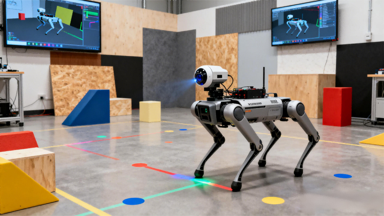 jimeng-2025-12-17-6164-寫實攝影風格，四足機器人在實驗室的SLAM建圖實驗區(qū)域進行環(huán)境感知。機器人的頭部